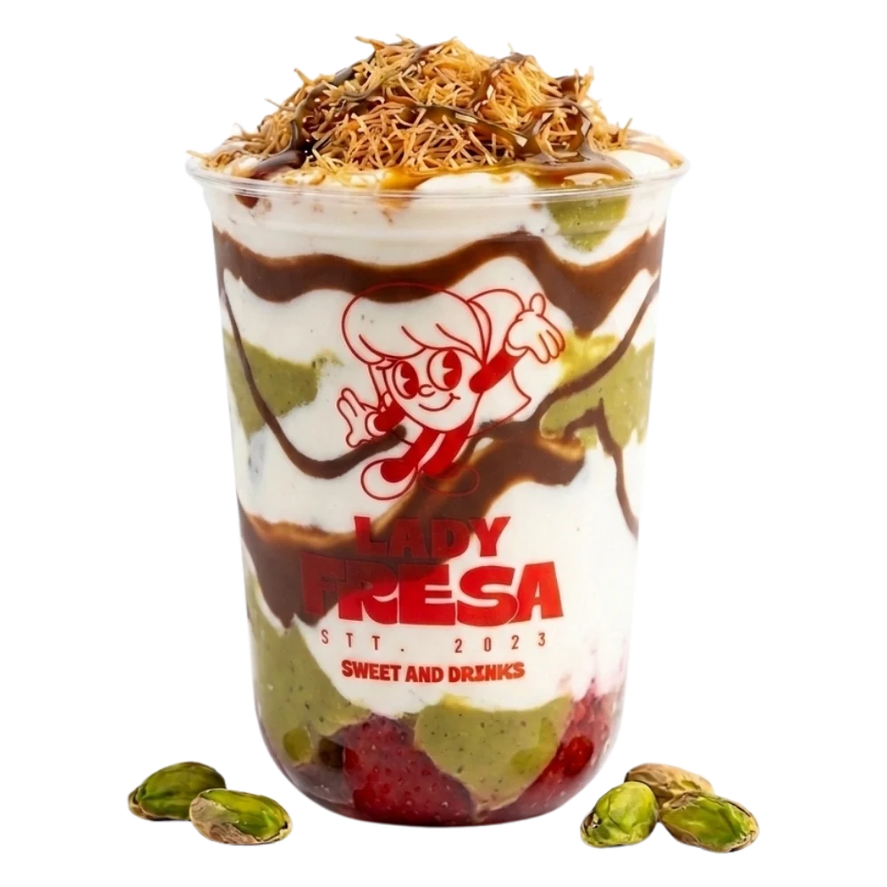 La Pistachona: vaso de fresas con crema, pistache y kataifi